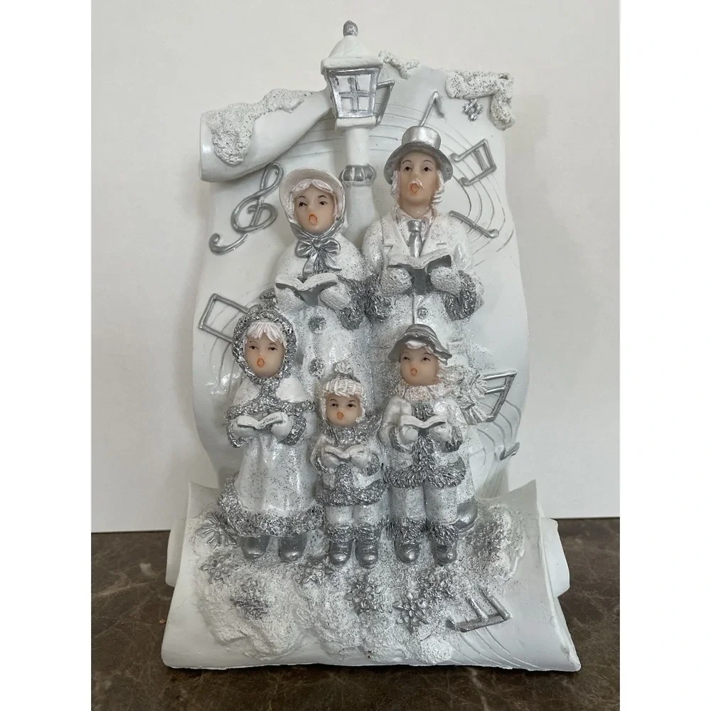 Vtg White Silver Ceramic Angel Carolers Tabletop Figurine Music Box Lincolnshire